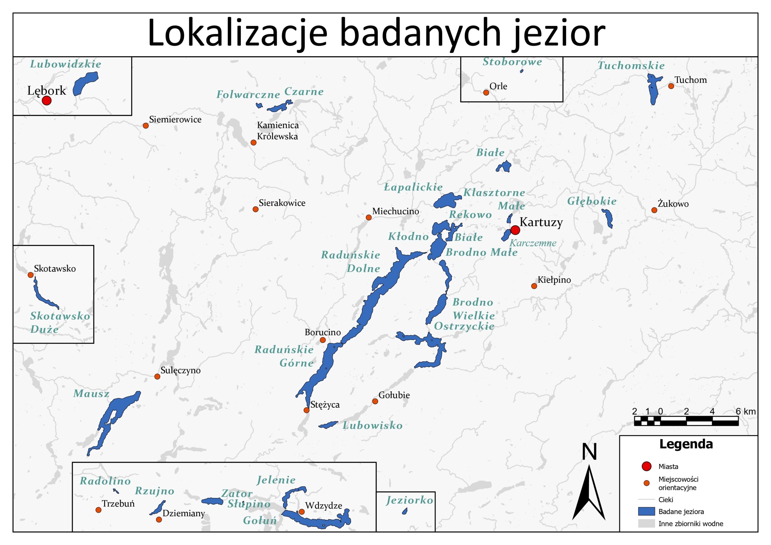 Mapa jezior monitorowanych z zaznaczonymi punktami pomiarowymi